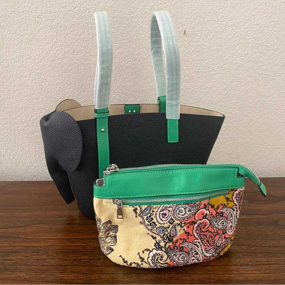 Cute Black Green Elephant Colorblock Basket Tote w/ Crossbody Strap Contrast S14 - Picture 9 of 16